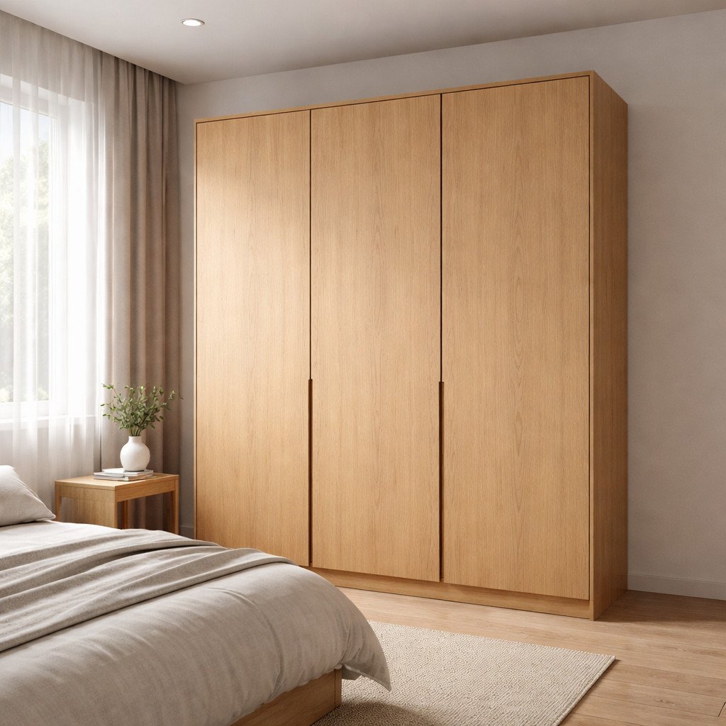 Lemari pakaian Japandi dengan kayu natural yang hangat dan tenang