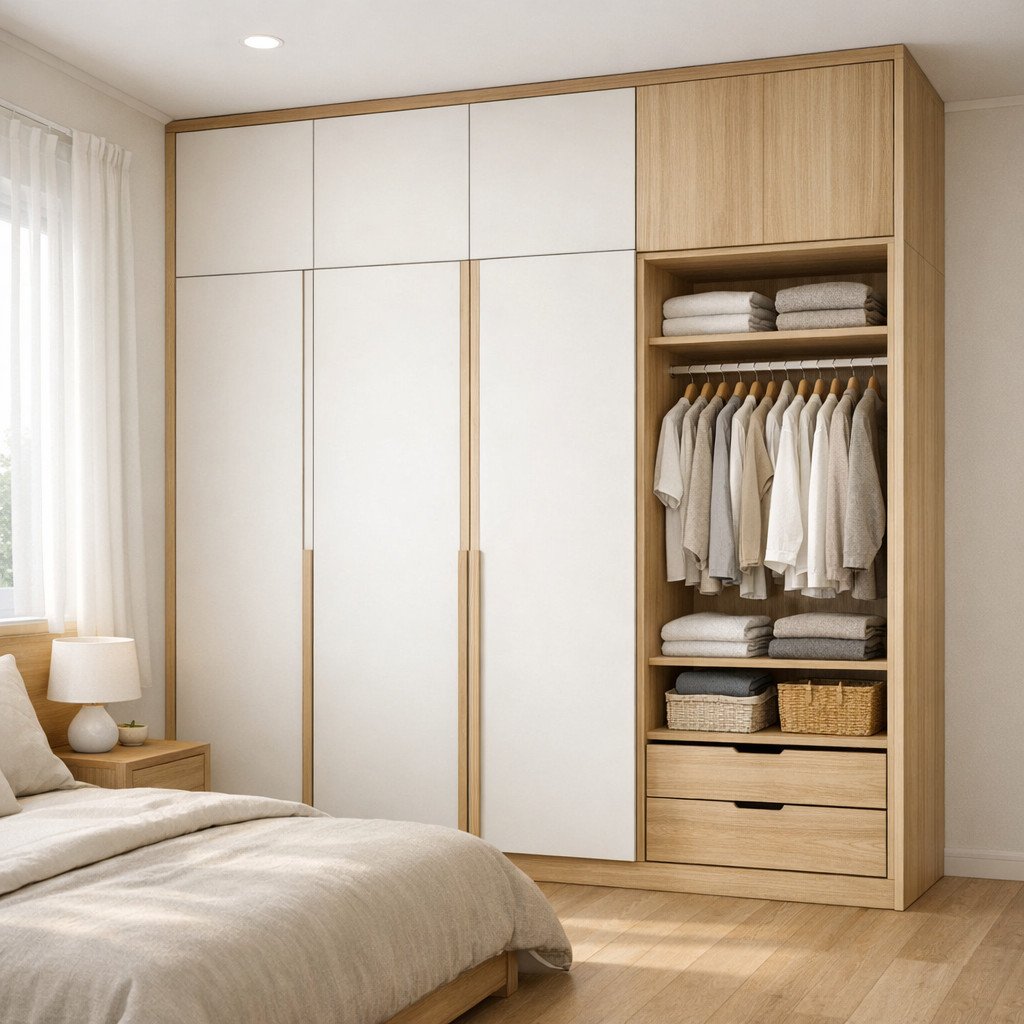 Lemari pakaian Scandinavian yang terang, ringan, dan terasa hangat