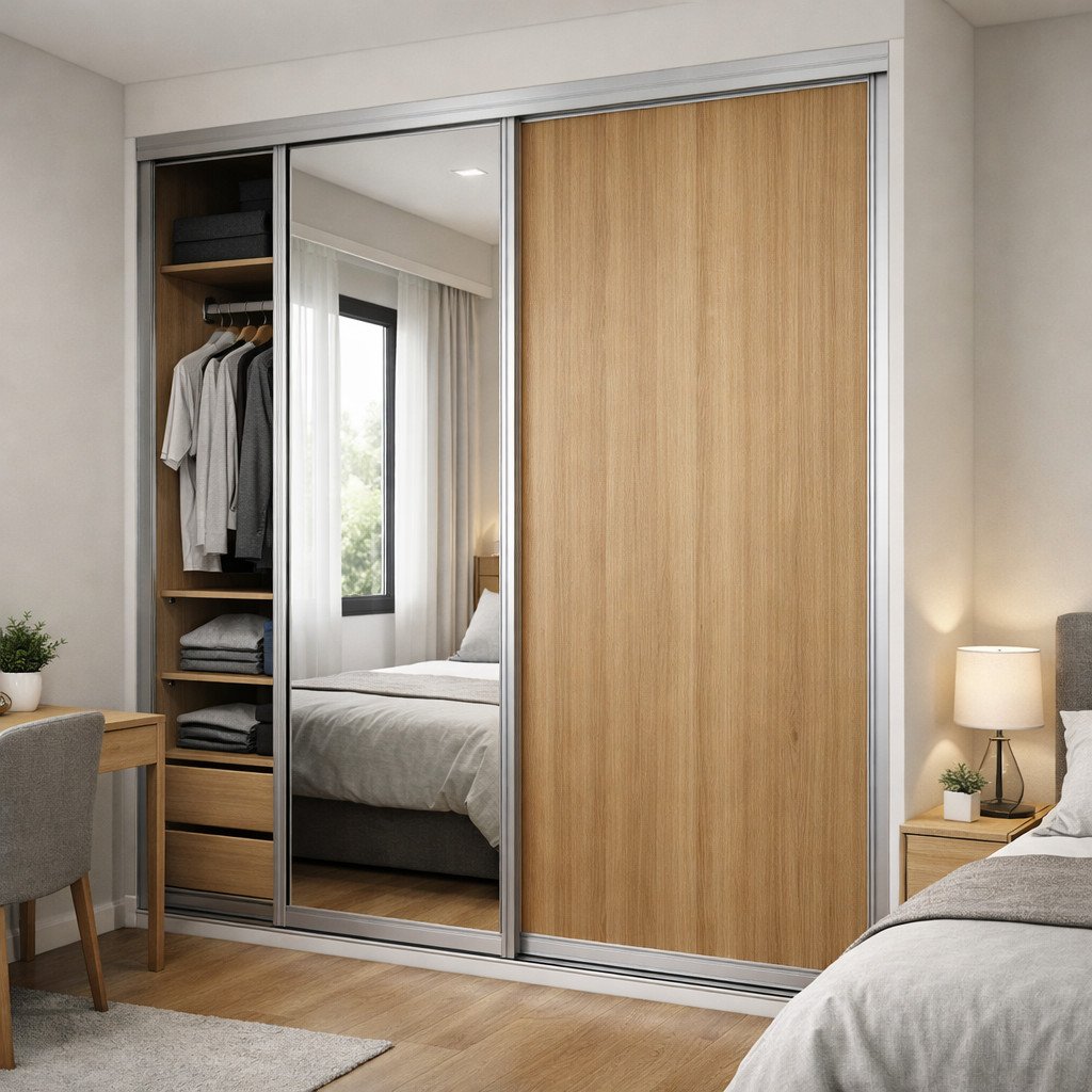 Lemari pakaian aluminium dengan pintu geser, efisien dan modern untuk ruang sempit