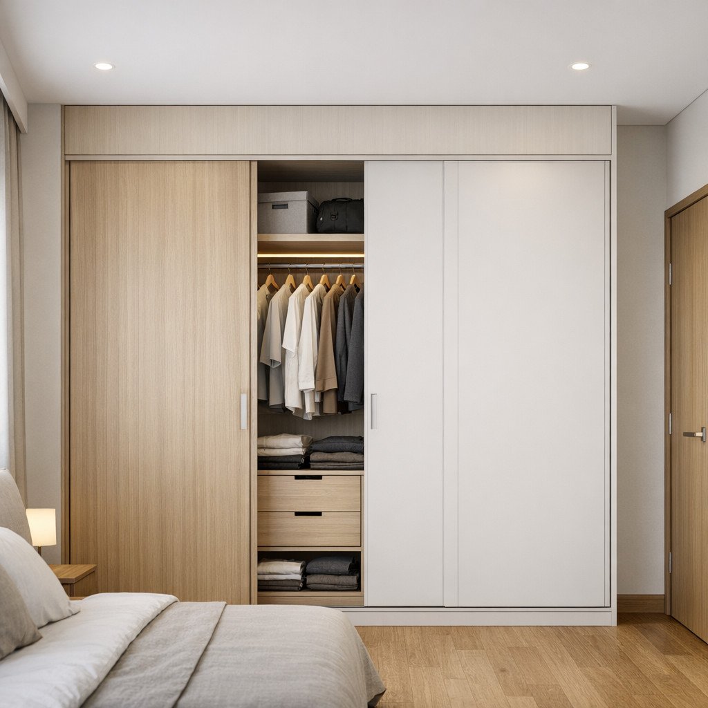 Lemari pakaian built-in dari lantai hingga plafon yang rapi dan maksimal