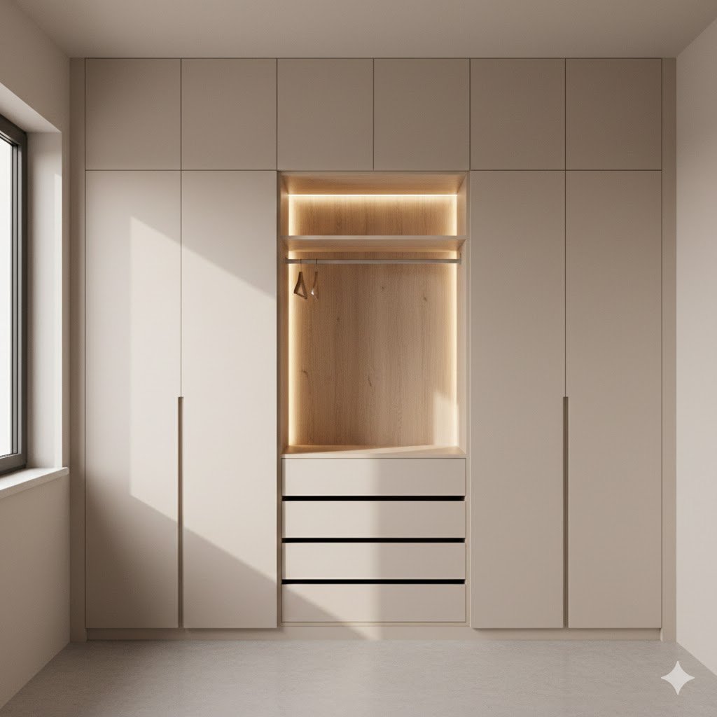 Lemari pakaian built-in minimalis hingga plafon dengan finishing matte netral yang menyatu rapi dengan kamar tidur modern