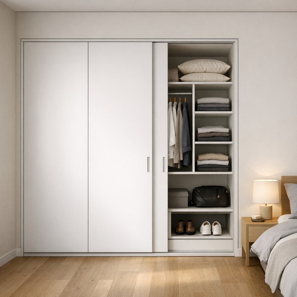 Lemari pakaian built-in minimalis yang rapi dan menyatu dengan ruang