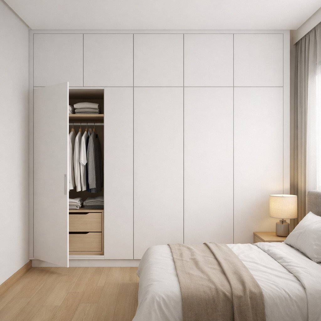 Lemari pakaian built-in sampai plafon yang rapi dan maksimal ruang