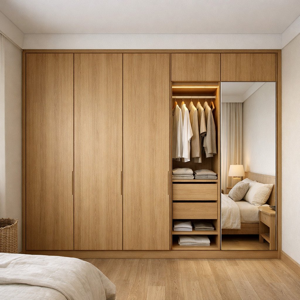 Lemari pakaian custom Japandi dengan nuansa kayu hangat dan rapi