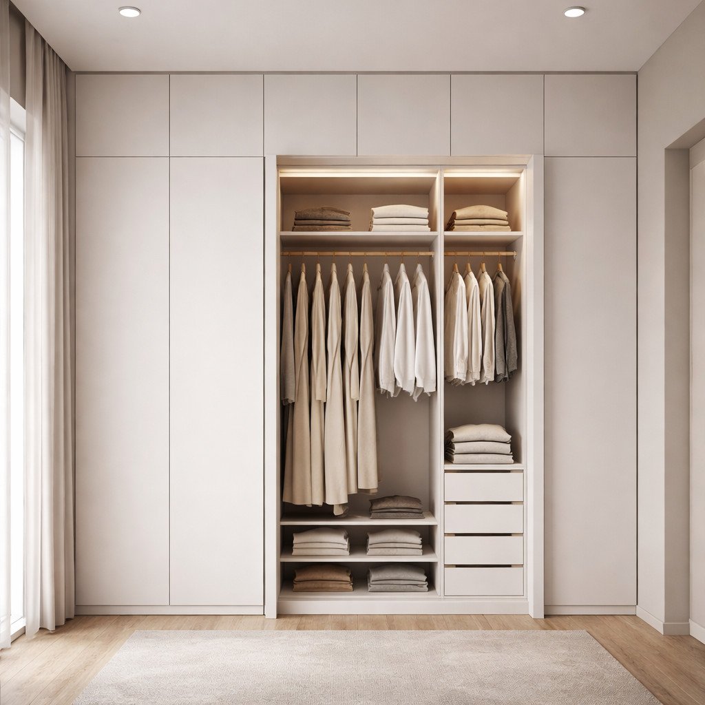 Lemari pakaian custom built-in minimalis yang menyatu dengan dinding, rapi dan maksimal