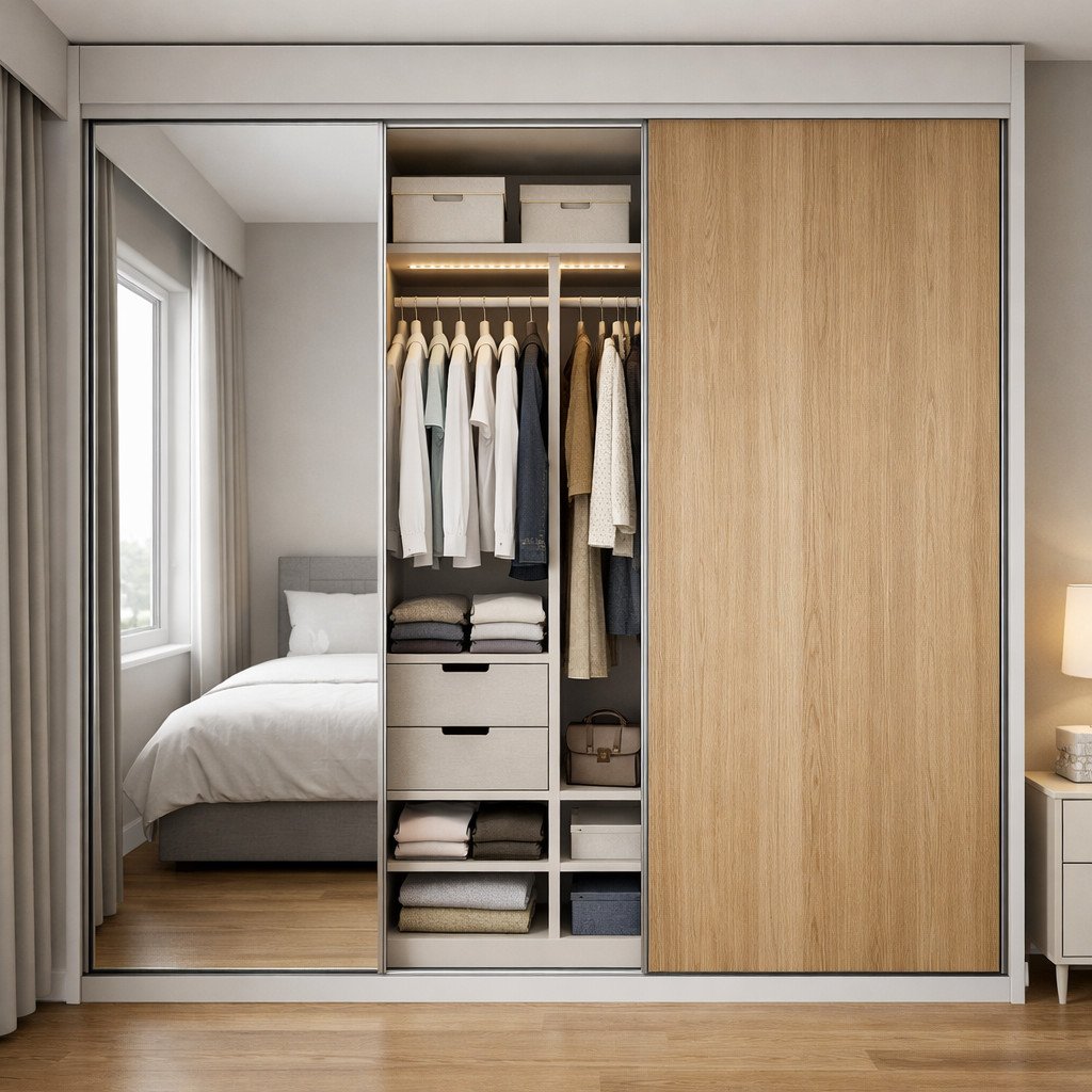 Lemari pakaian custom dengan pintu sliding, hemat ruang dan elegan