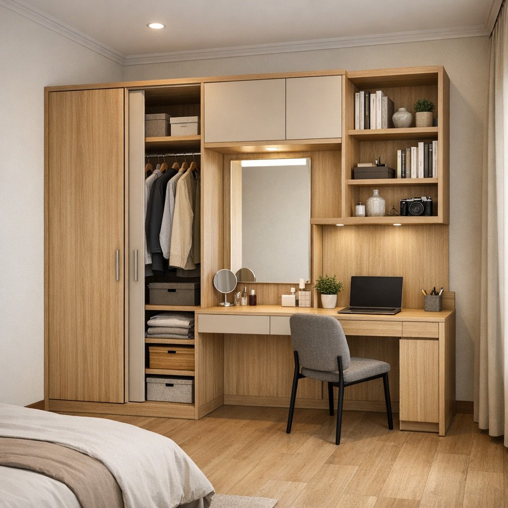 Lemari pakaian custom multifungsi untuk kamar kecil yang tetap rapi