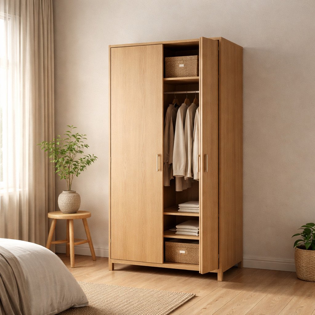 Lemari pakaian dua pintu Japandi dengan nuansa kayu hangat dan tenang