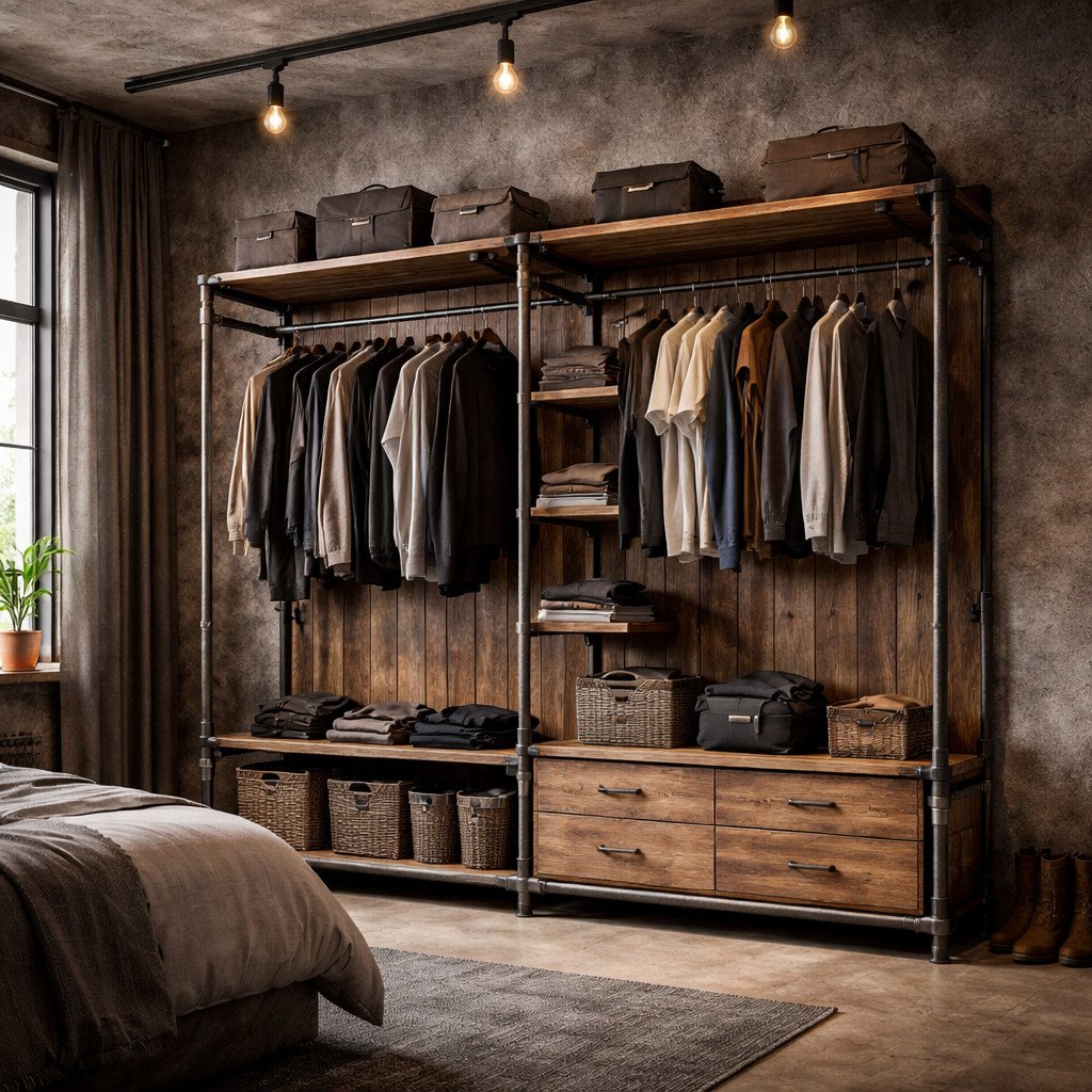 Lemari pakaian gantung dengan estetika industrial yang berkarakter dan fungsional