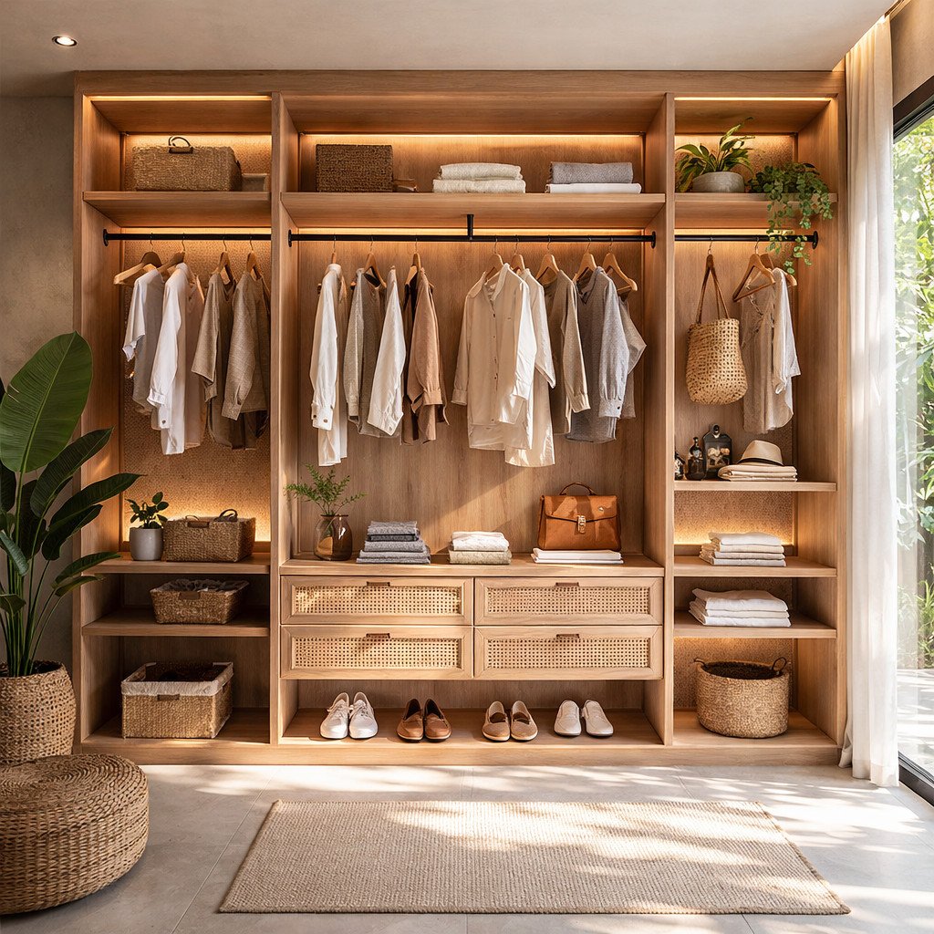Lemari pakaian gantung tropis yang hangat dan alami dengan aksen rotan