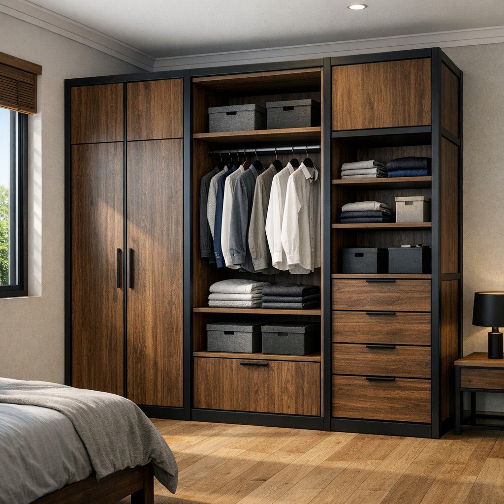 Lemari pakaian industrial modern dengan karakter kuat dan maskulin