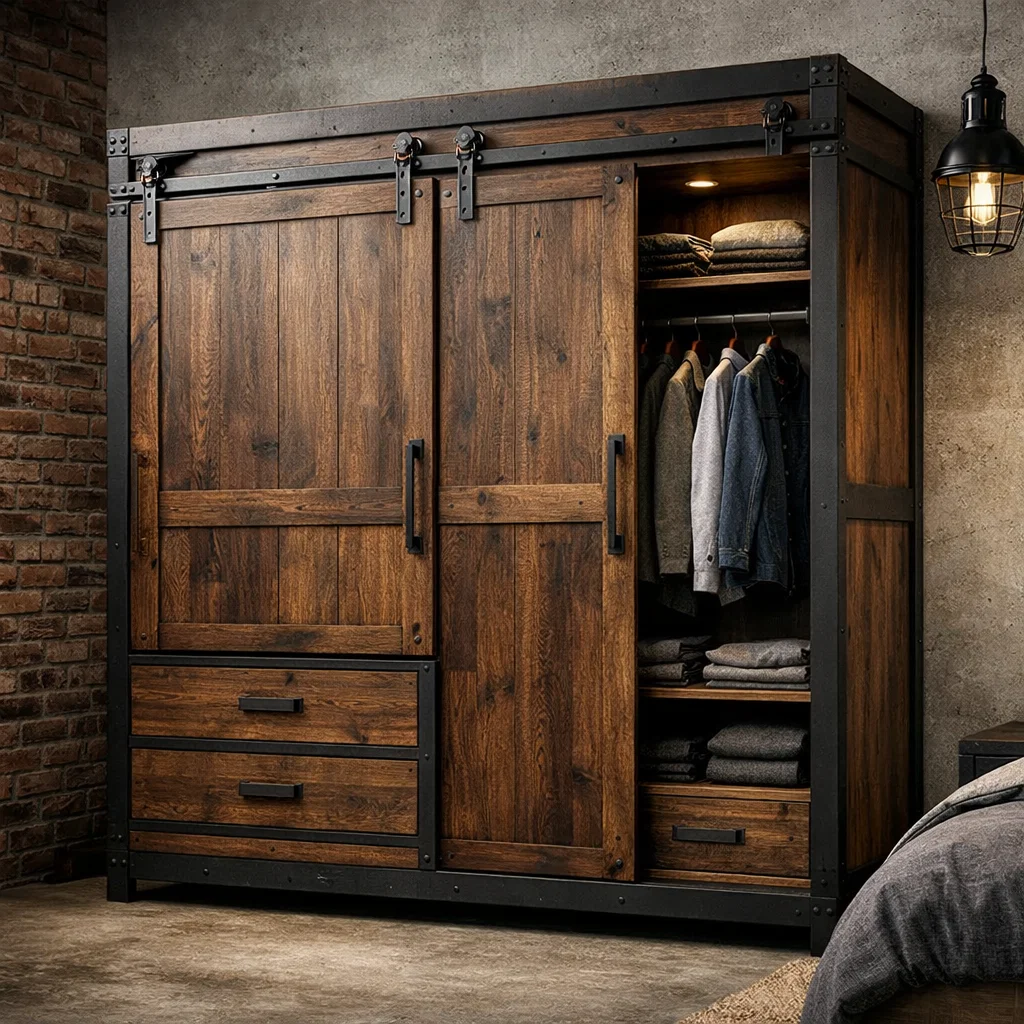 Lemari pakaian kayu bergaya industrial rustic dengan sentuhan metal hitam
