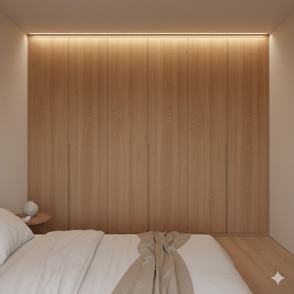 Lemari pakaian kayu built-in dengan finishing natural yang menyatu elegan dengan kamar tidur minimalis modern