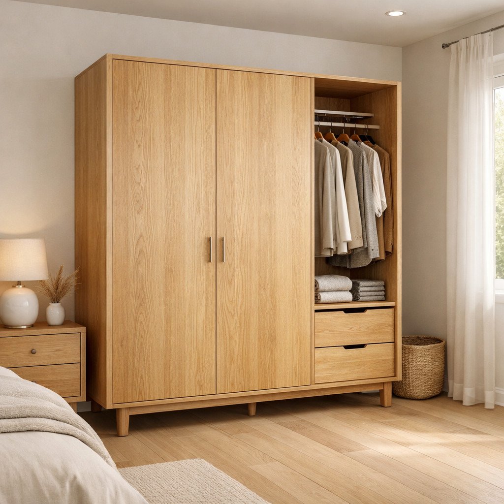 Lemari pakaian kayu dengan finishing matte natural yang hangat dan ringan