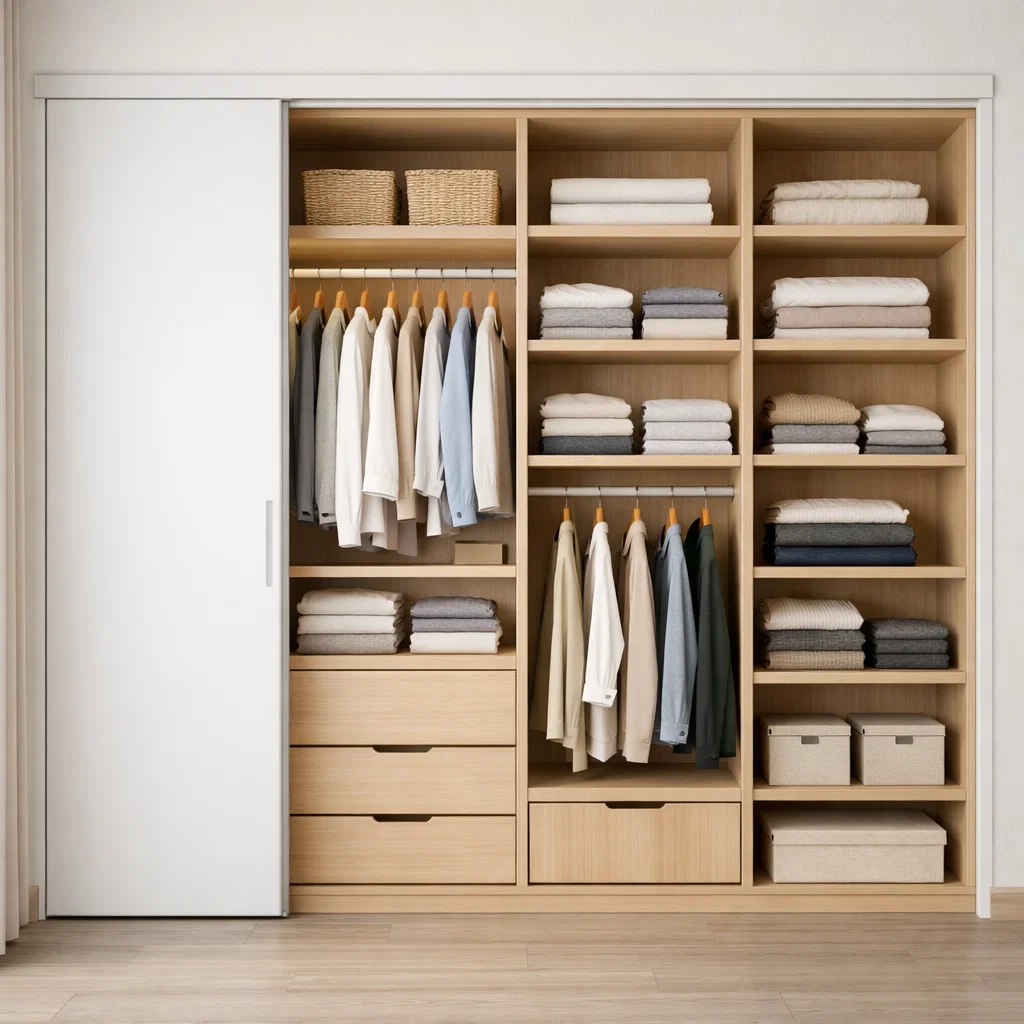 Lemari pakaian minimalis Scandinavian dengan aksen kayu terang yang hangat