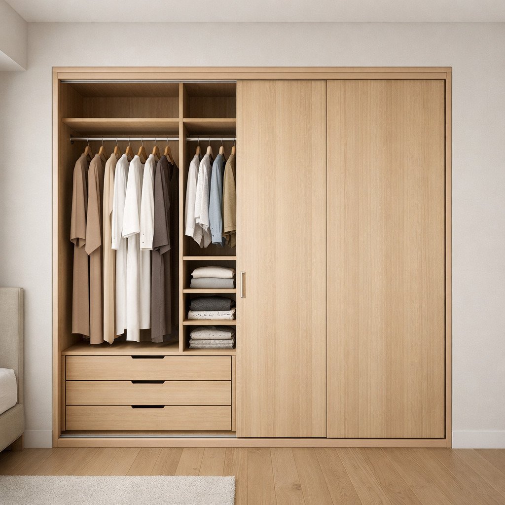 Lemari pakaian minimalis built-in yang menyatu dengan dinding dan bersih