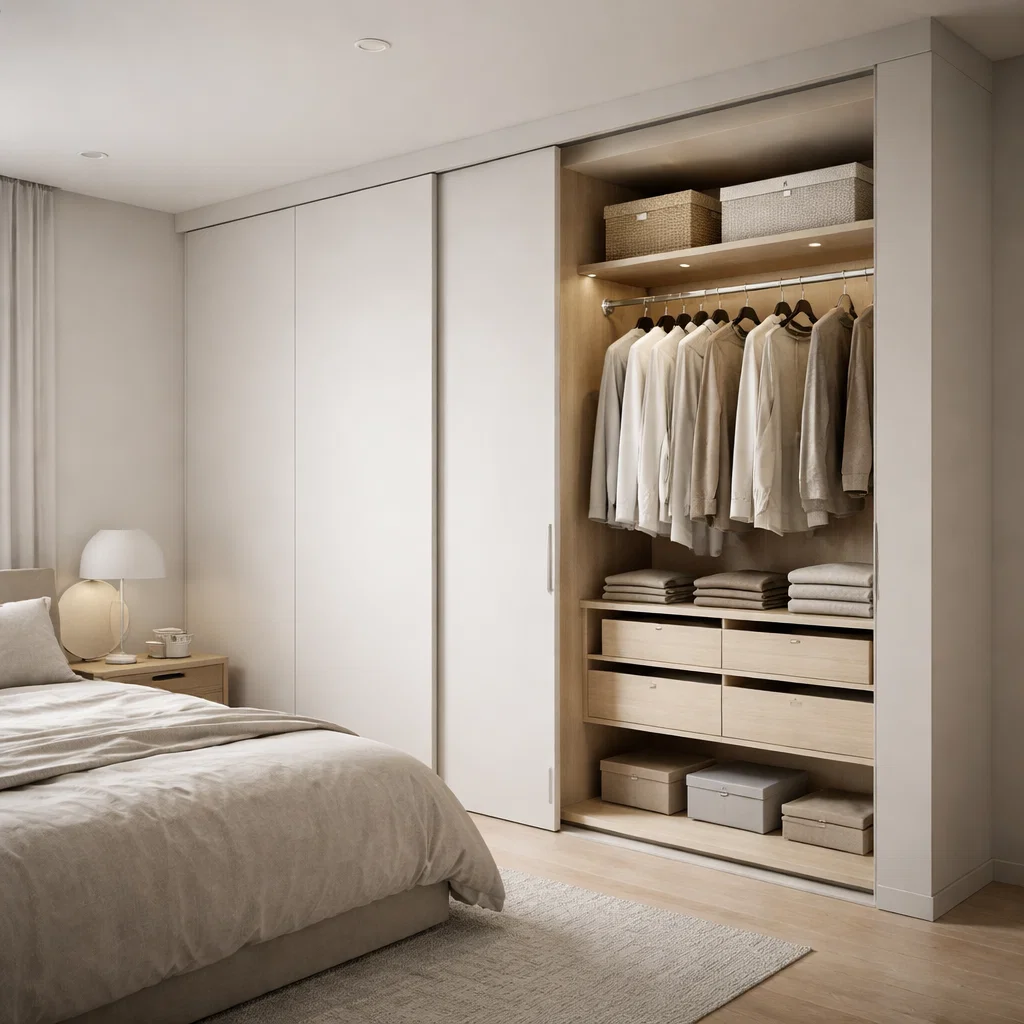 Lemari pakaian minimalis built-in yang menyatu dengan dinding untuk ruang lebih luas