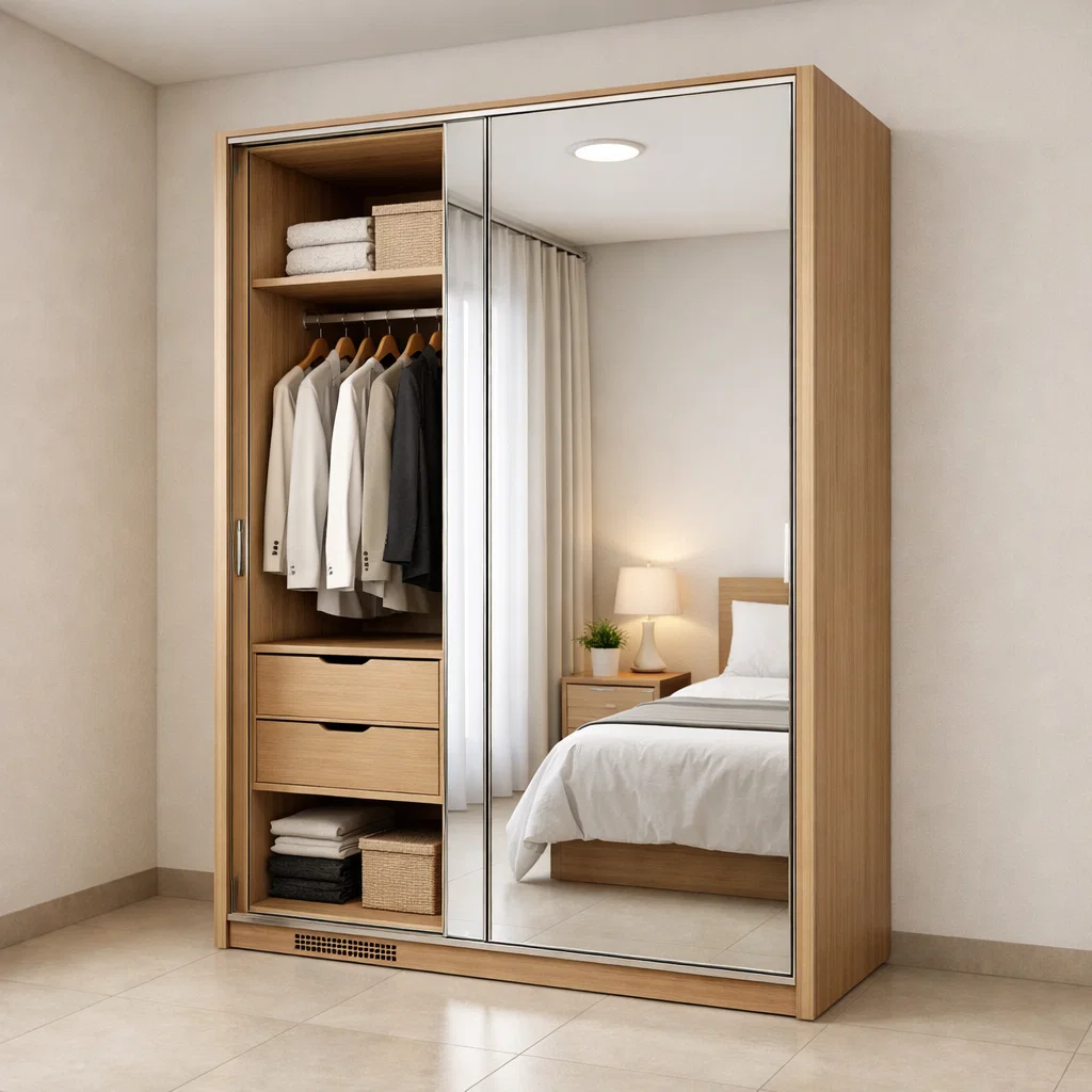 Lemari pakaian minimalis dengan cermin untuk kesan ruang lebih luas