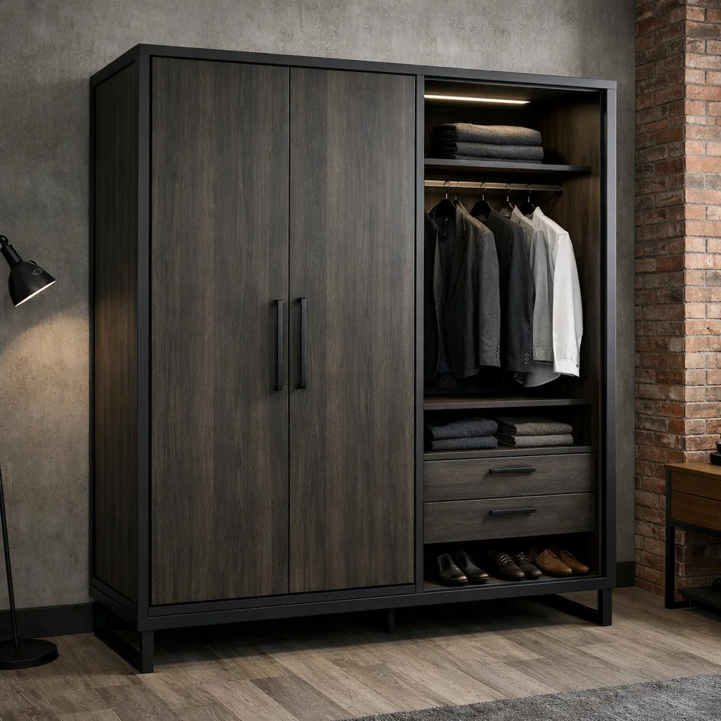 Lemari pakaian minimalis dengan sentuhan industrial yang bold dan modern