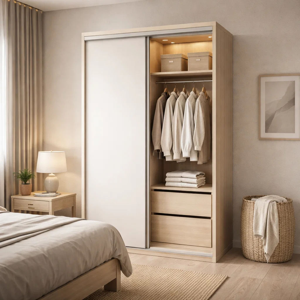 Lemari pakaian minimalis sliding yang efisien dan modern untuk ruang kecil