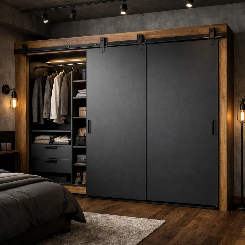 Lemari pakaian pintu geser Industrial matte gelap dengan karakter kuat dan modern