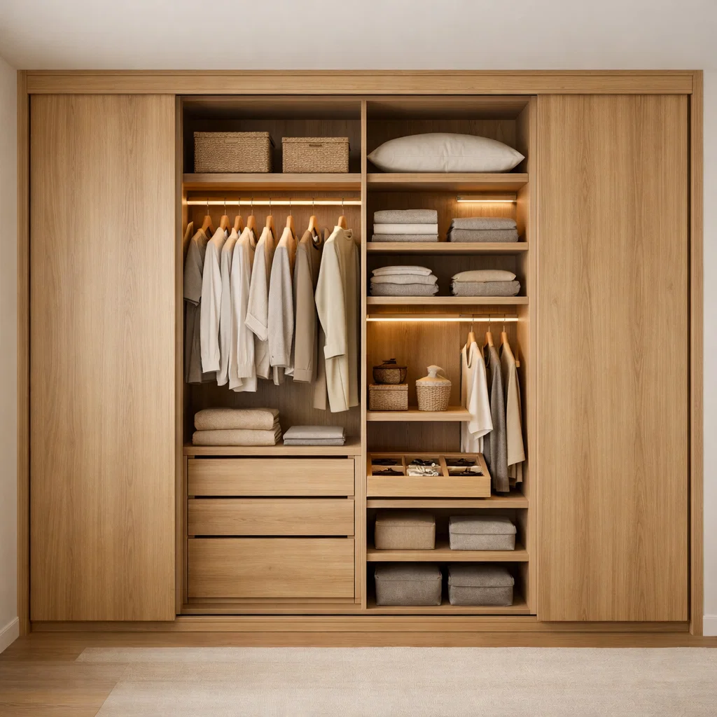 Lemari pakaian pintu geser Japandi dengan finishing kayu natural yang hangat