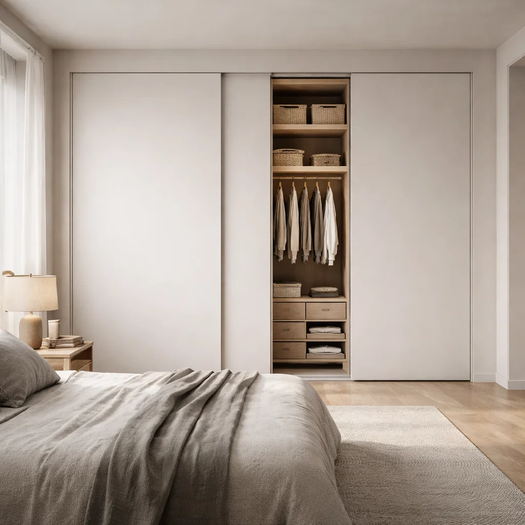 Lemari pakaian pintu geser built-in yang terintegrasi mulus dengan dinding minimalis