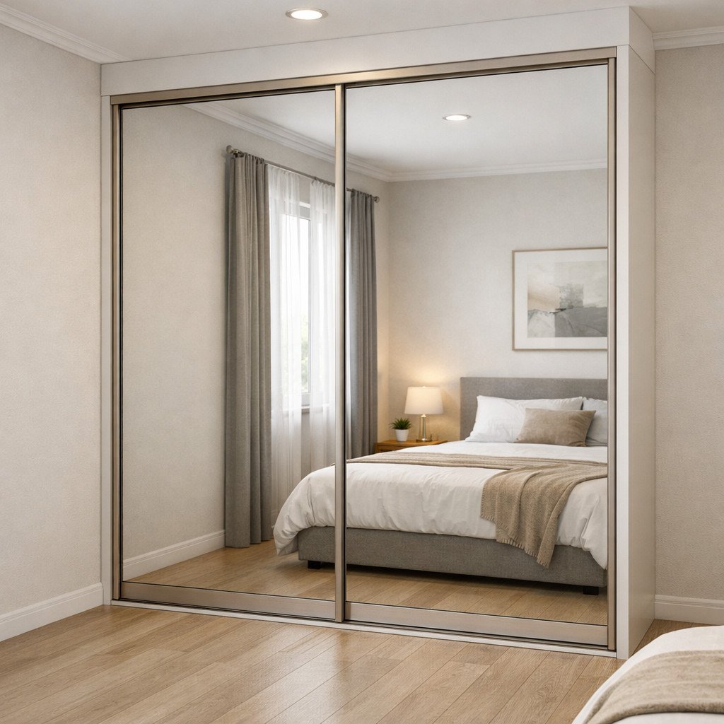 Lemari pakaian pintu geser cermin yang membuat kamar terasa luas