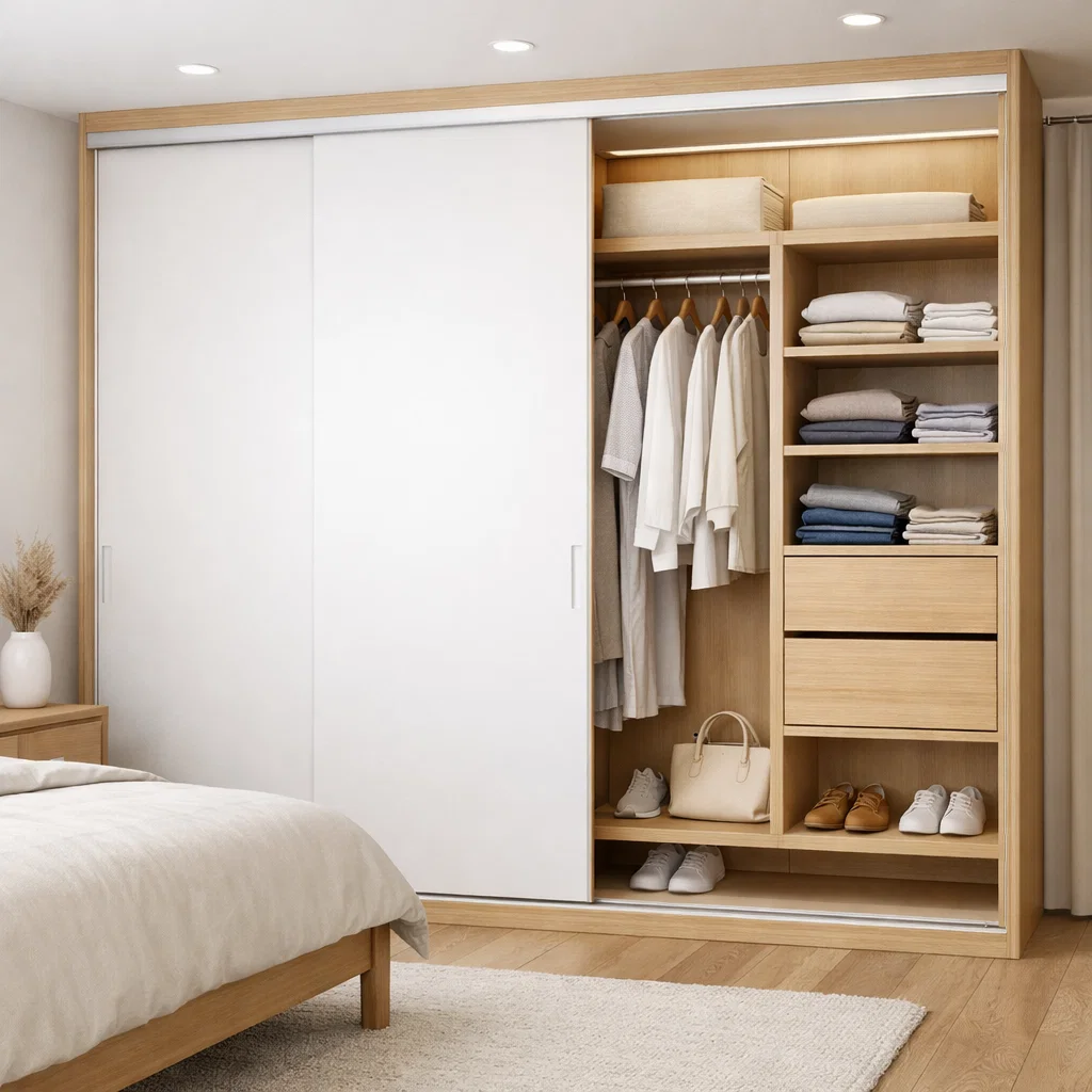 Lemari pakaian pintu geser dengan desain Scandinavian yang simpel dan terang