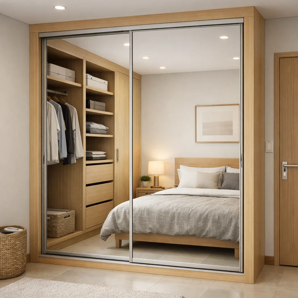 Lemari pakaian pintu geser dengan panel cermin yang memaksimalkan ruang kamar kecil