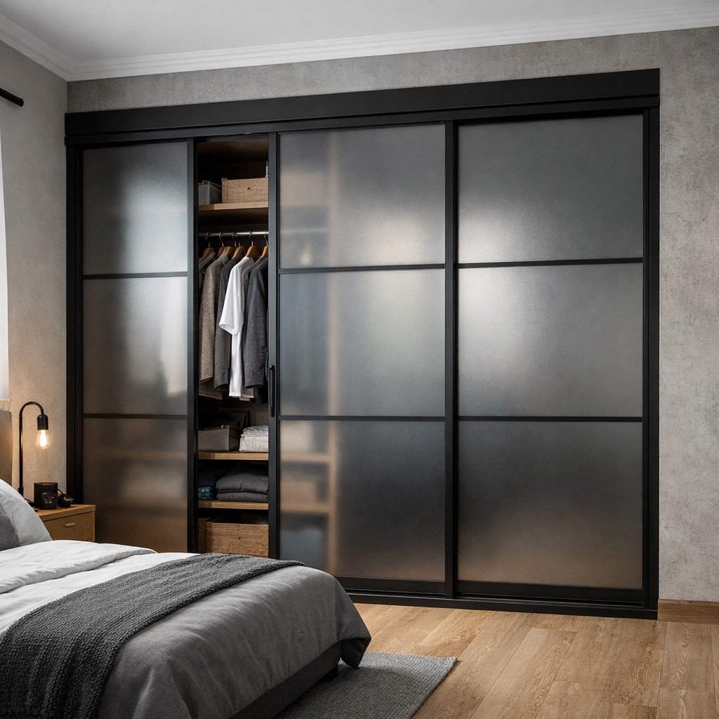 Lemari pakaian pintu geser industrial dengan frame hitam tegas