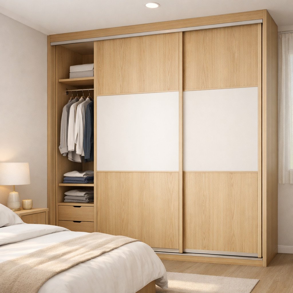 Lemari pakaian pintu geser kayu terang bergaya Scandinavian yang hangat