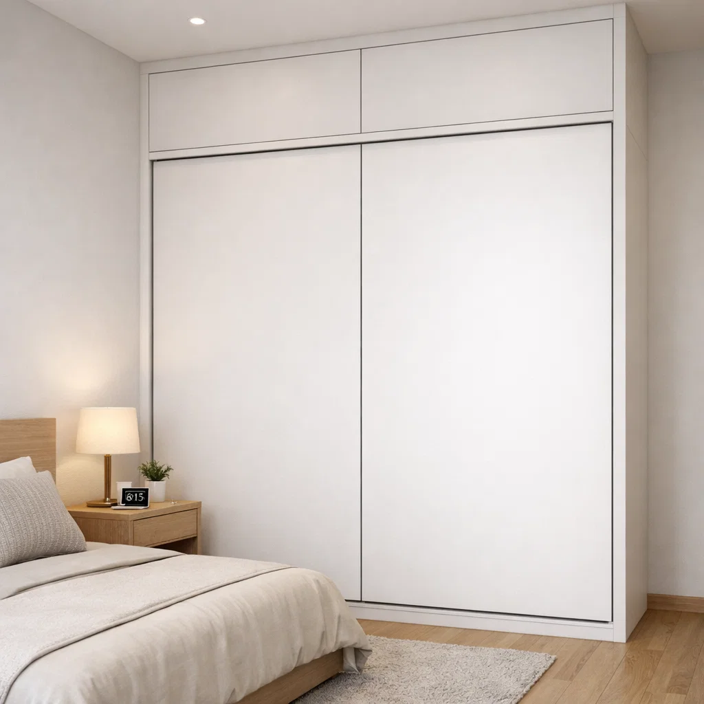 Lemari pakaian pintu geser modern minimalis dengan desain vertikal penuh