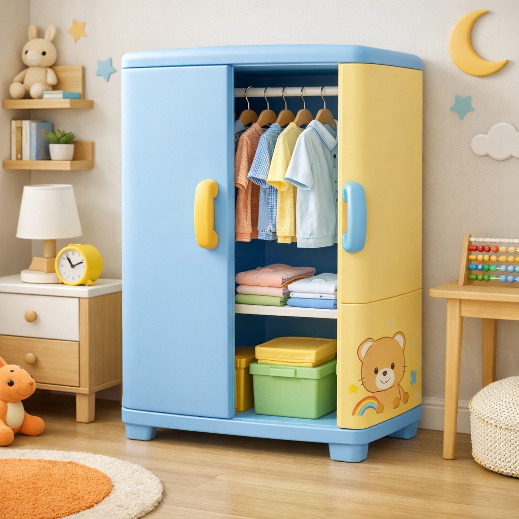 Lemari pakaian plastik anak dengan warna cerah dan desain aman