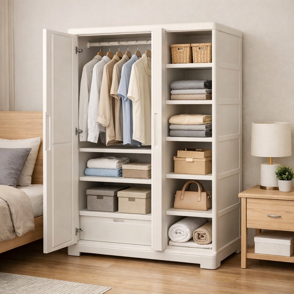 Lemari pakaian plastik dengan rak terbuka yang praktis dan mudah diakses