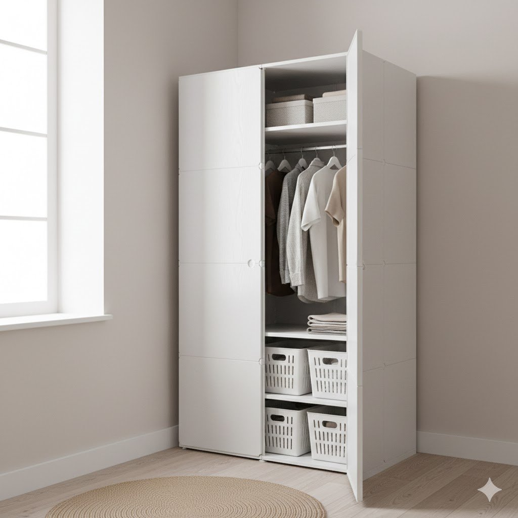 Lemari pakaian plastik modern dengan desain bersih yang ditempatkan di sudut kamar minimalis rapi dan fungsional