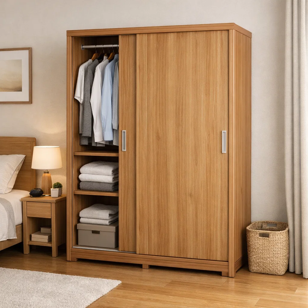 Lemari pakaian plastik motif kayu yang estetik dan hangat untuk kamar keluarga
