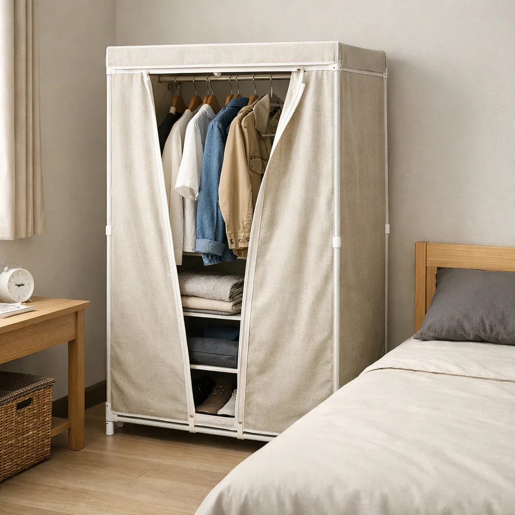 Lemari pakaian plastik portable dengan penutup kain, solusi praktis dan ekonomis