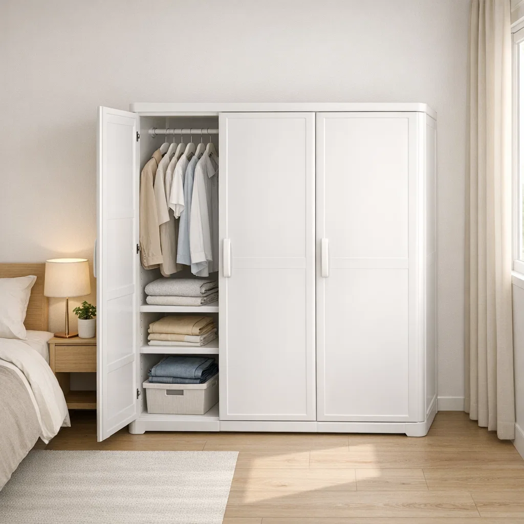 Lemari pakaian plastik putih minimalis yang simpel dan fleksibel