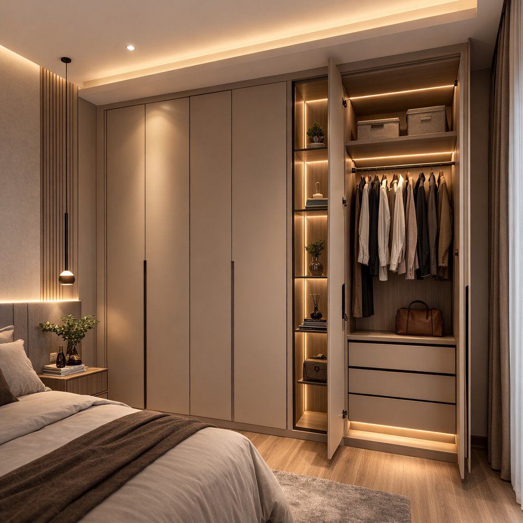 Lemari pakaian quiet luxury dengan tampilan elegan dan minimalis