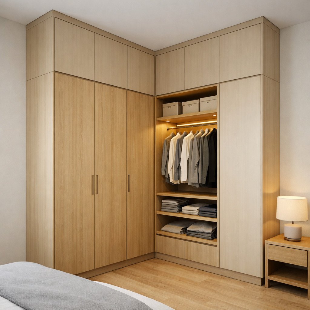 Lemari pakaian sudut full height yang rapi dan memaksimalkan ruang