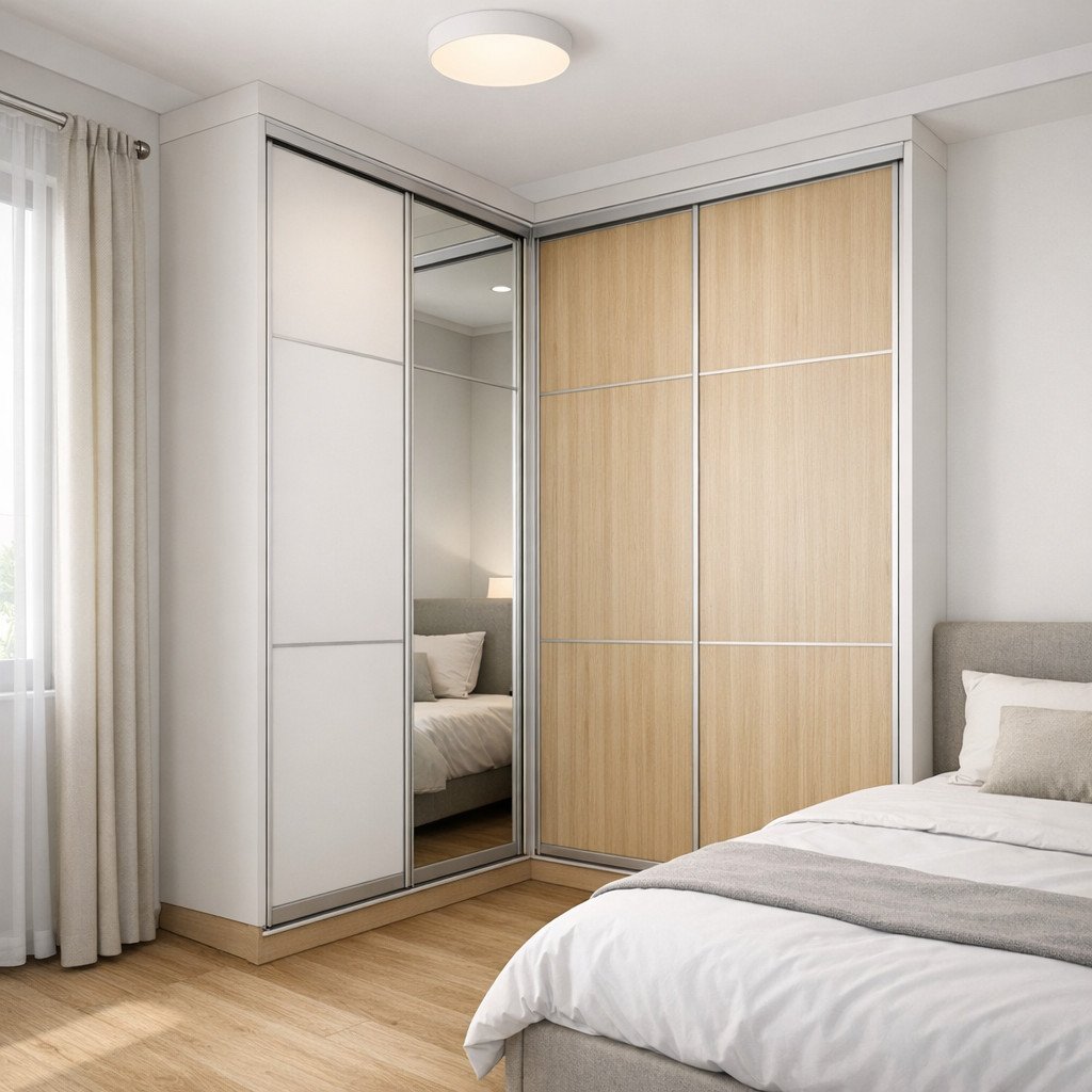Lemari pakaian sudut sliding door yang hemat ruang dan modern