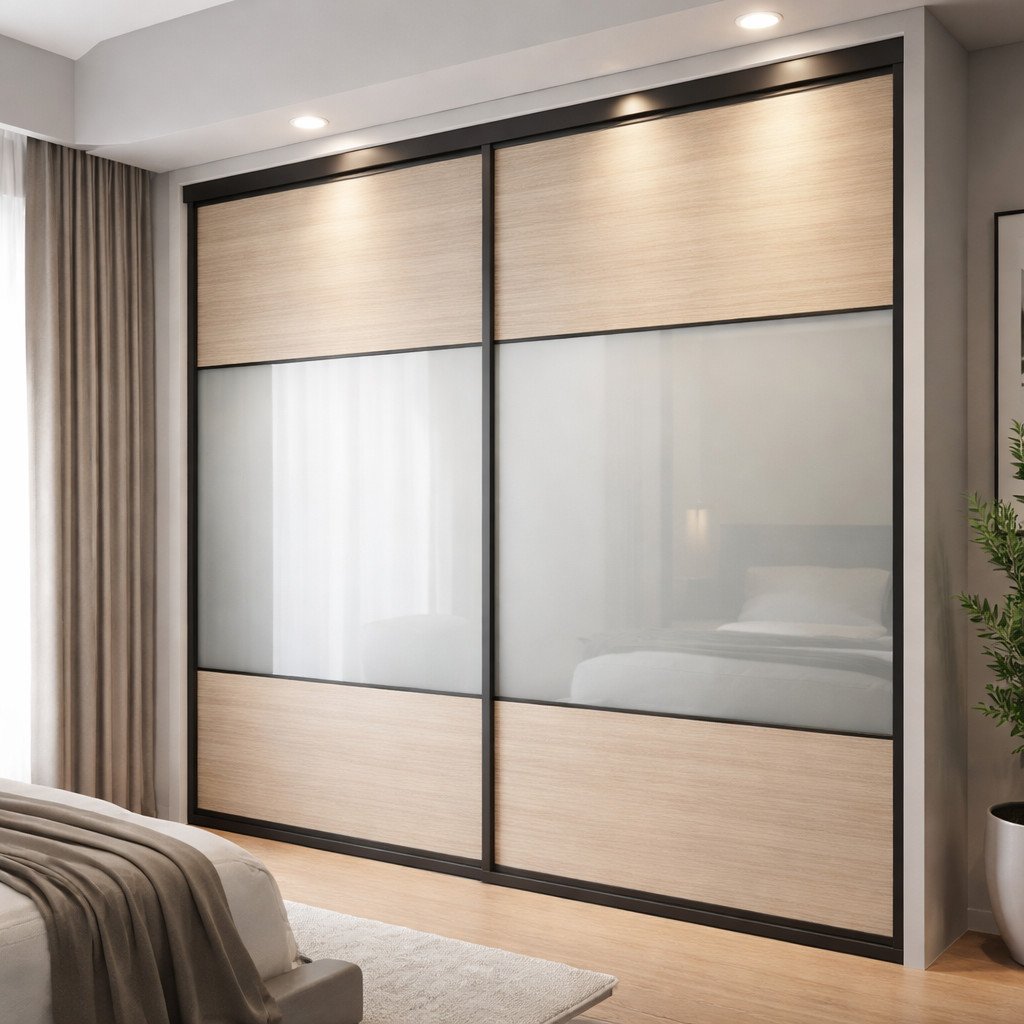 Lemari pakaian tempel dengan pintu geser, hemat ruang dan tampil modern