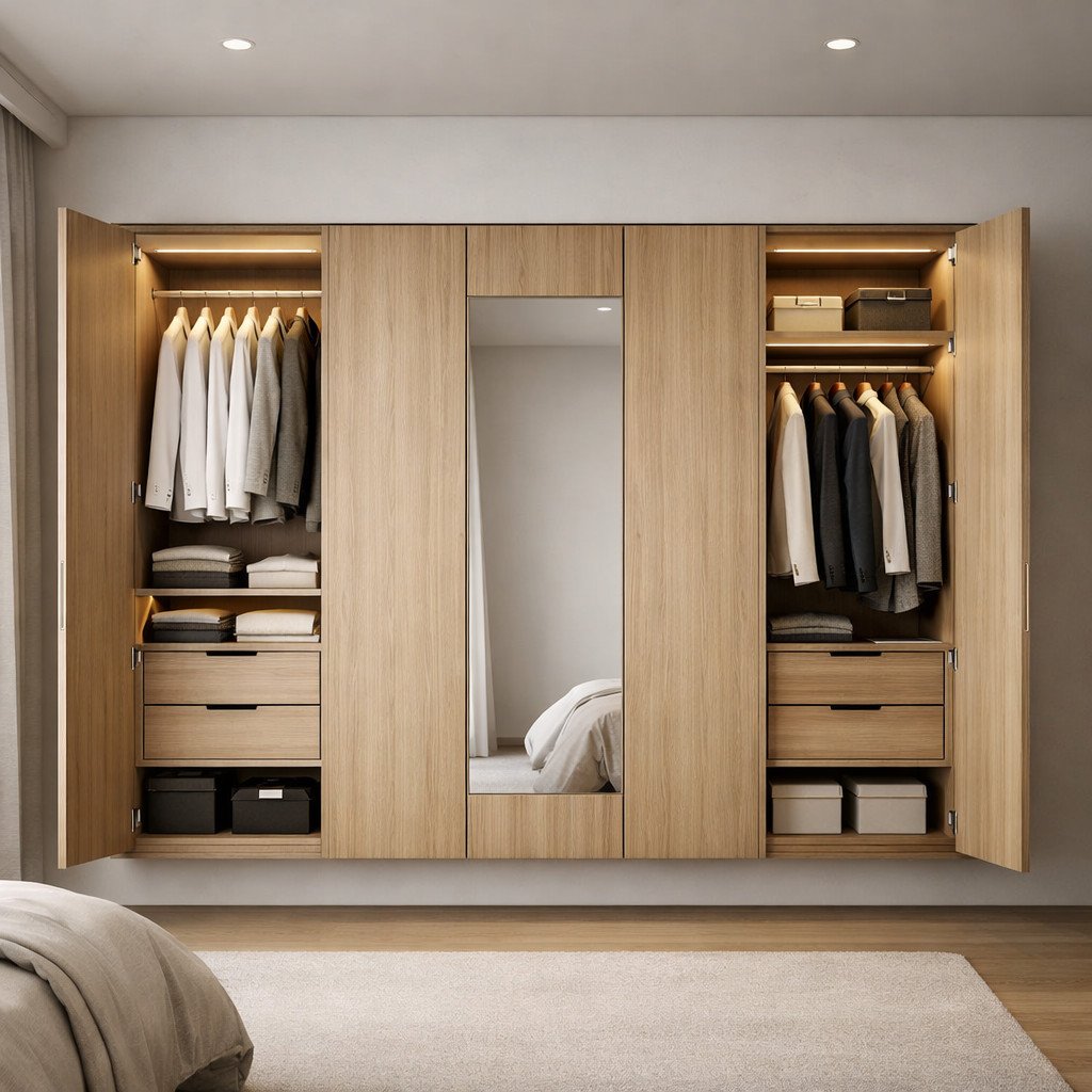 Lemari pakaian tempel di dinding dengan desain Quiet Luxury yang elegan dan presisi