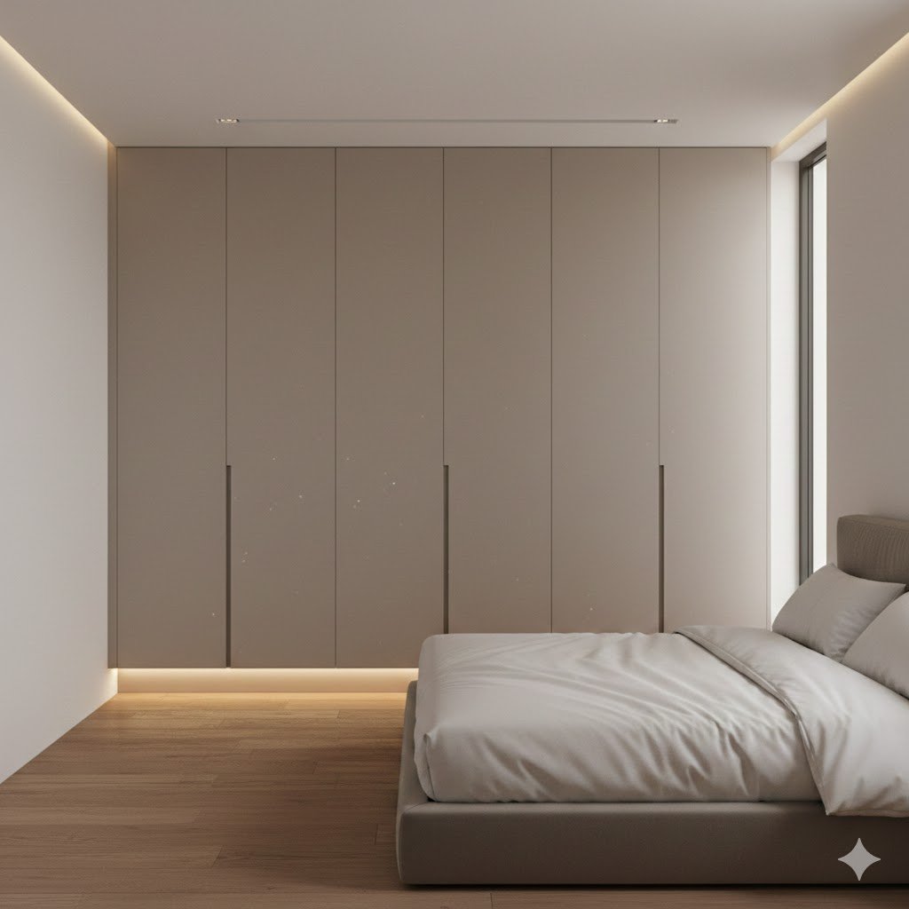 Lemari pakaian tempel di dinding dengan desain minimalis full tinggi yang menyatu rapi dengan interior kamar modern dan terasa luas serta elegan