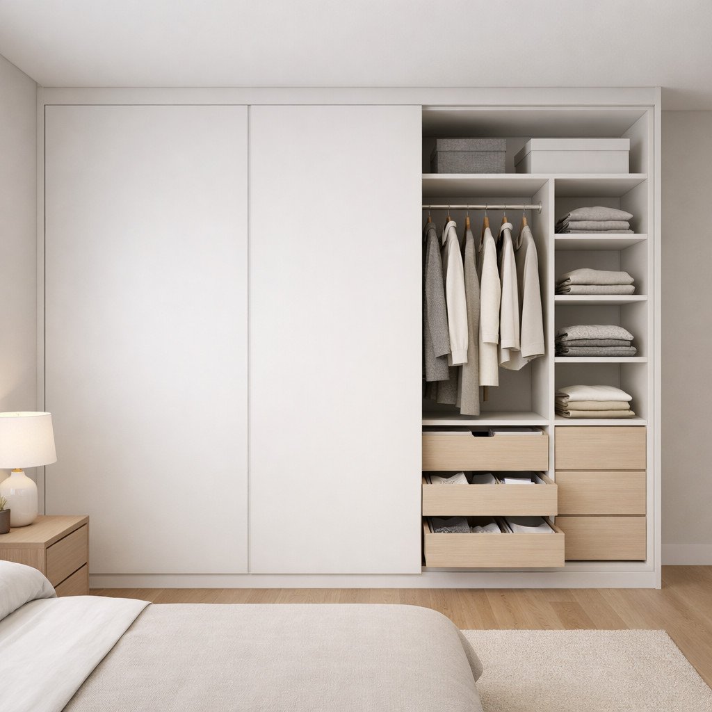 Lemari pakaian tempel minimalis yang modern dan memberi kesan luas