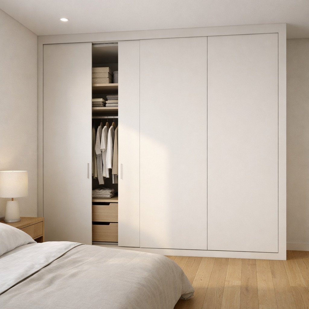 Lemari pintu geser minimalis yang menyatu dengan dinding kamar