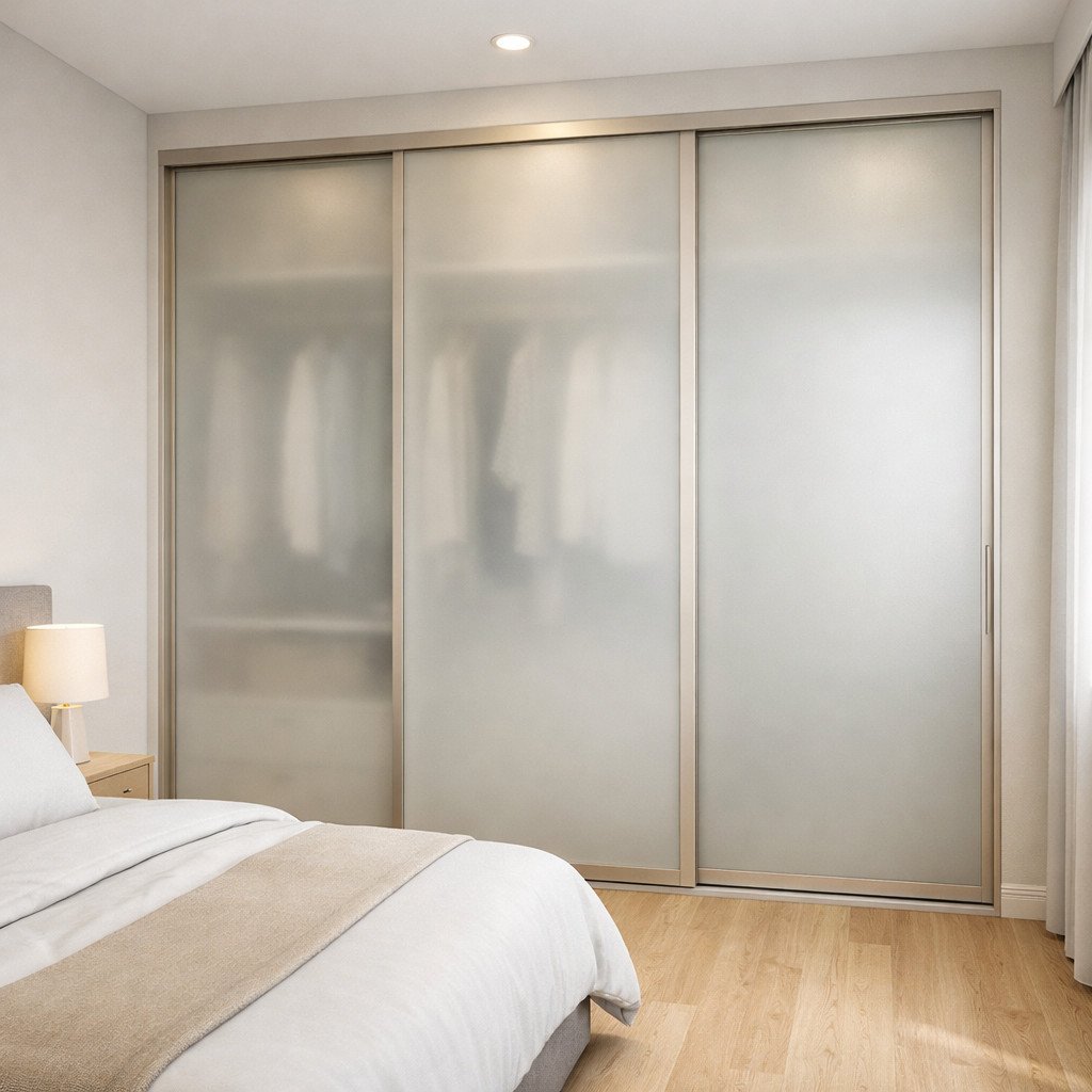 Lemari sliding door kaca frosted tampil ringan dan modern