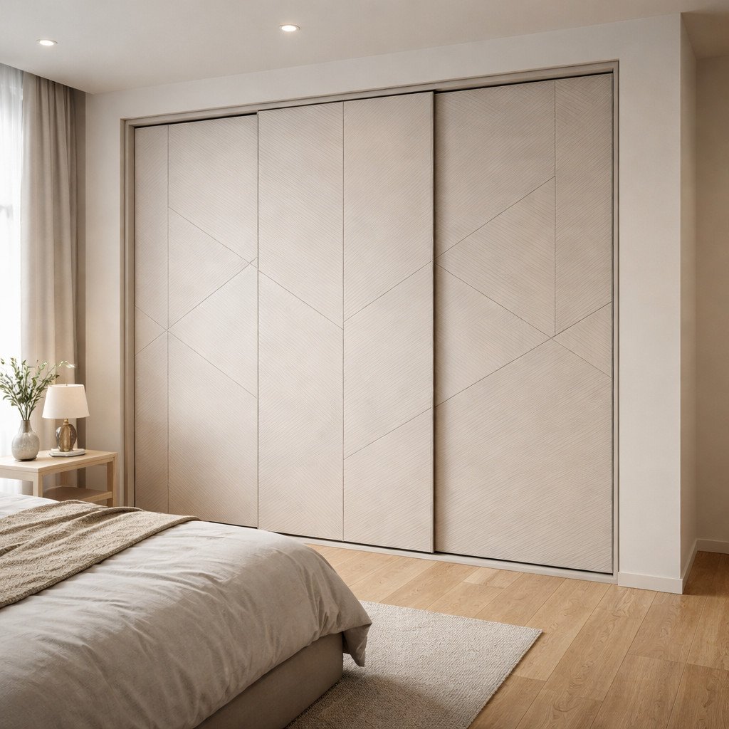 Lemari sliding door panel geometris modern yang elegan dan minimalis