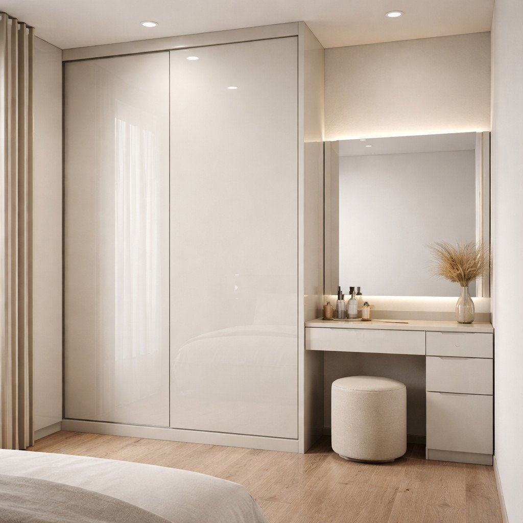 Lemari sliding glossy dan meja rias minimalis untuk kamar modern kecil